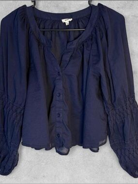 aerie Navy Button-Front Smocked Peasant Sleeve Blouse